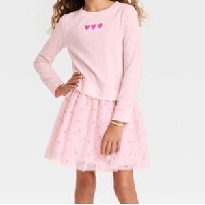 Cat & Jack Girls Long-sleeve Valentine's Day Hearts Tulle Dress Pink Size Large